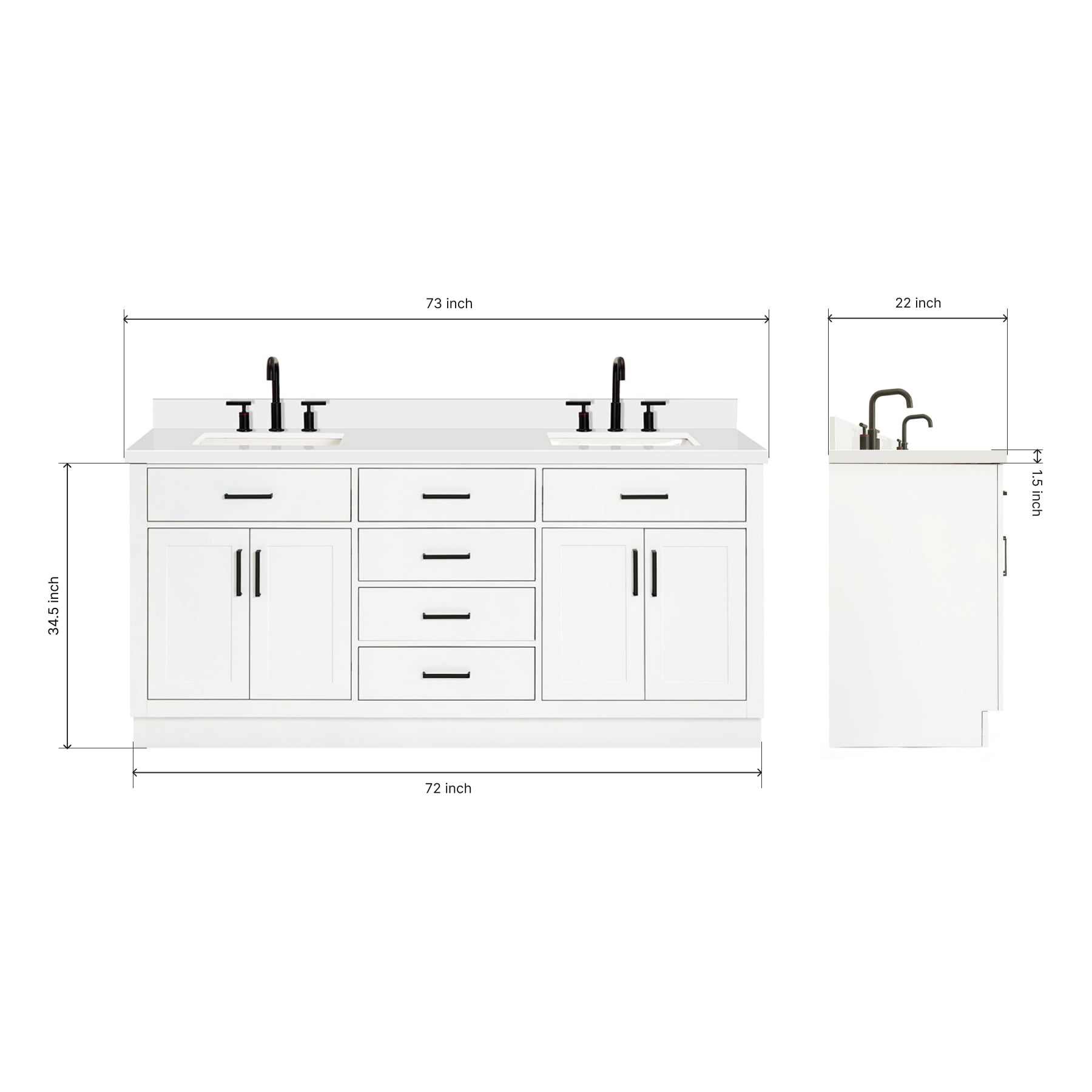 ARIEL 73" White Double Vanity, 1.5" Edge Pure White Quartz Countertop & Splash, Rectangular Sinks, 4 Soft Closing Doors, 6 Full Extension Dovetail Drawers, Toe Kick, Matte Black