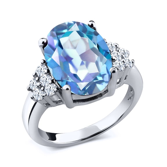 Gem Stone King 4.40 Cttw Oval Millennium Blue Mystic Quartz and White Topaz Ring for Women | 925 Sterling Silver | Gemstone Birthstone | Oval 12X10MM (Size 6)