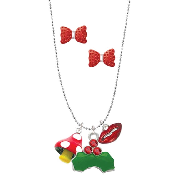 Delight Jewelry Resin Red Spotted Mushroom Christmas Kiss Charm Necklace and Stud Earrings