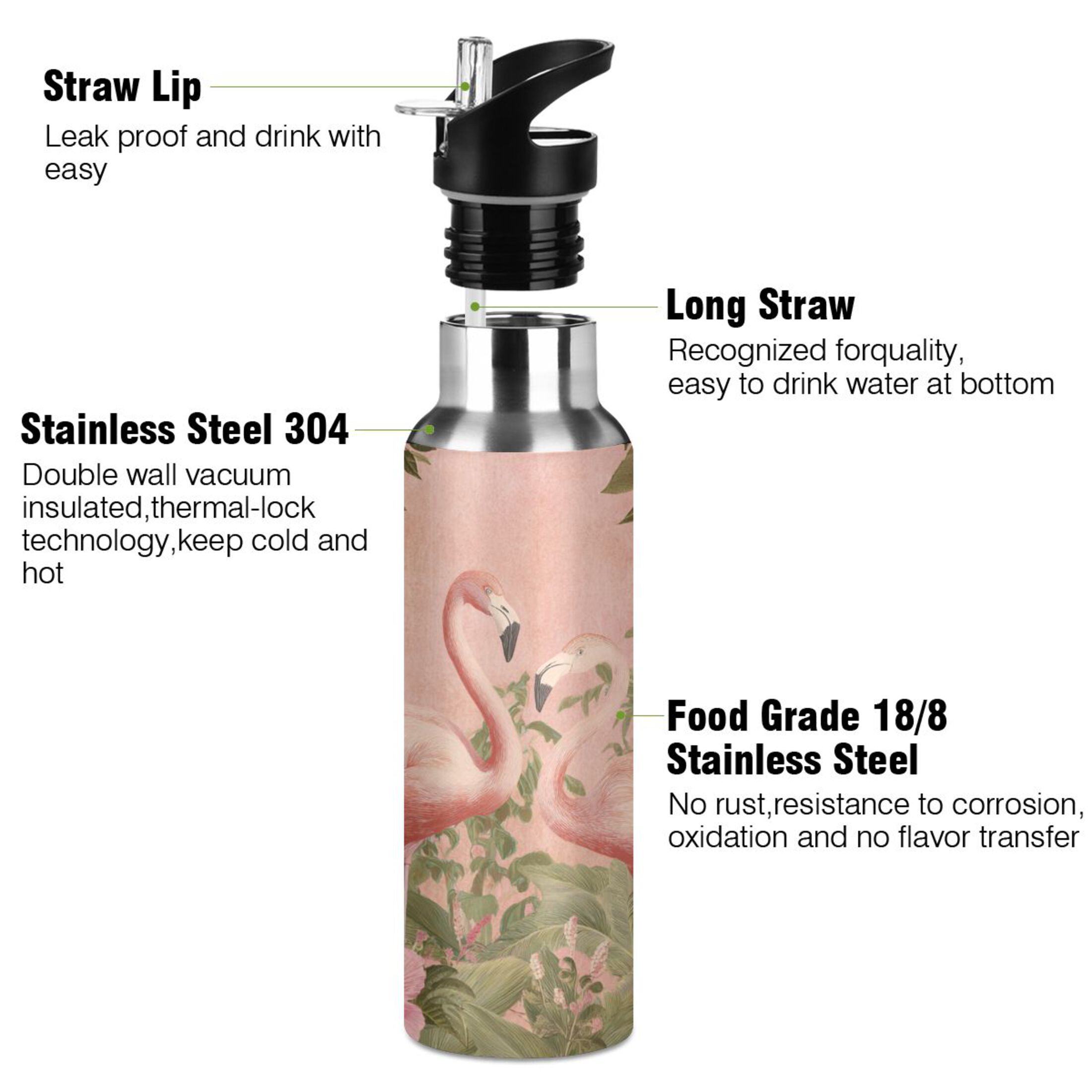 1000ml Vacuum Insulated Sports Water Bottle with Foldable Straw Stainless Steel Portable Thermos Cup Flamingos in Tropical Garden