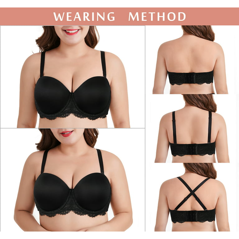 Exclare Women's Multiway Strapless Lace Bra Full Figure Underwire Contour  Beauty Back Plus Size Bra(Black,44D)