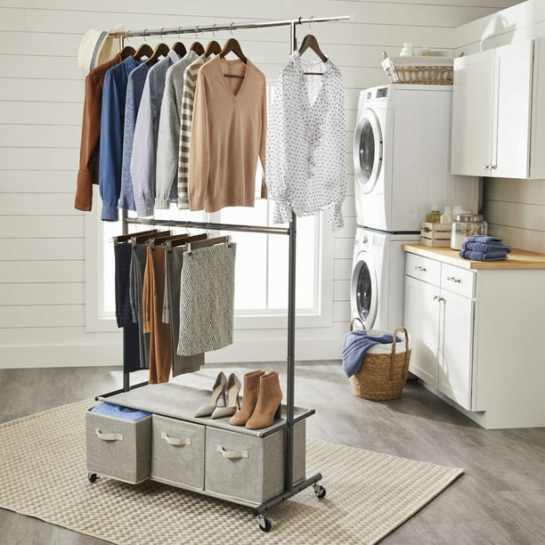 Better Homes Gardens 2 Tier Garment Rack With 3 Drawer Closet Organizer Gray Walmart Com Walmart Com
