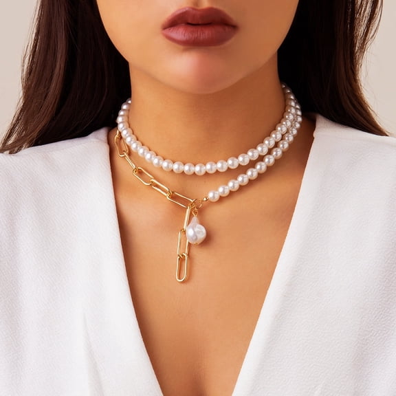 NICKSUN Dainty Layered Baroque Imitation Pearl OT Clasp Necklace for Women,Vintage Paperclip Chain Choker Necklace Adjustable Beaded Ball Chain Fashion Retro Charm Jewelry