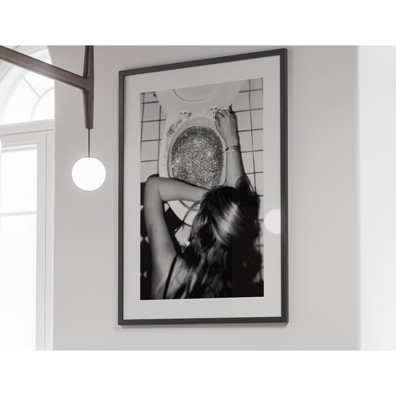 Woman On Toilet Black And White Wall Art Print, Y2K Bathroom Home Decor