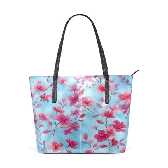 Tote Bag Aesthetic leather Handbags with Zipper for Women Travel Shoulder Bags Purses with compartment. Cute Pink Delicate Flowers
