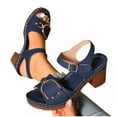thumbnail image 5 of Sandals for Women 2025 Chunky Heel Open Toe Summer Women's Trendy Solid Color Ankle Strap Women Footwear Causal Summer Dressy Beach Shoes for Women Dark Blue 9.5, 5 of 9