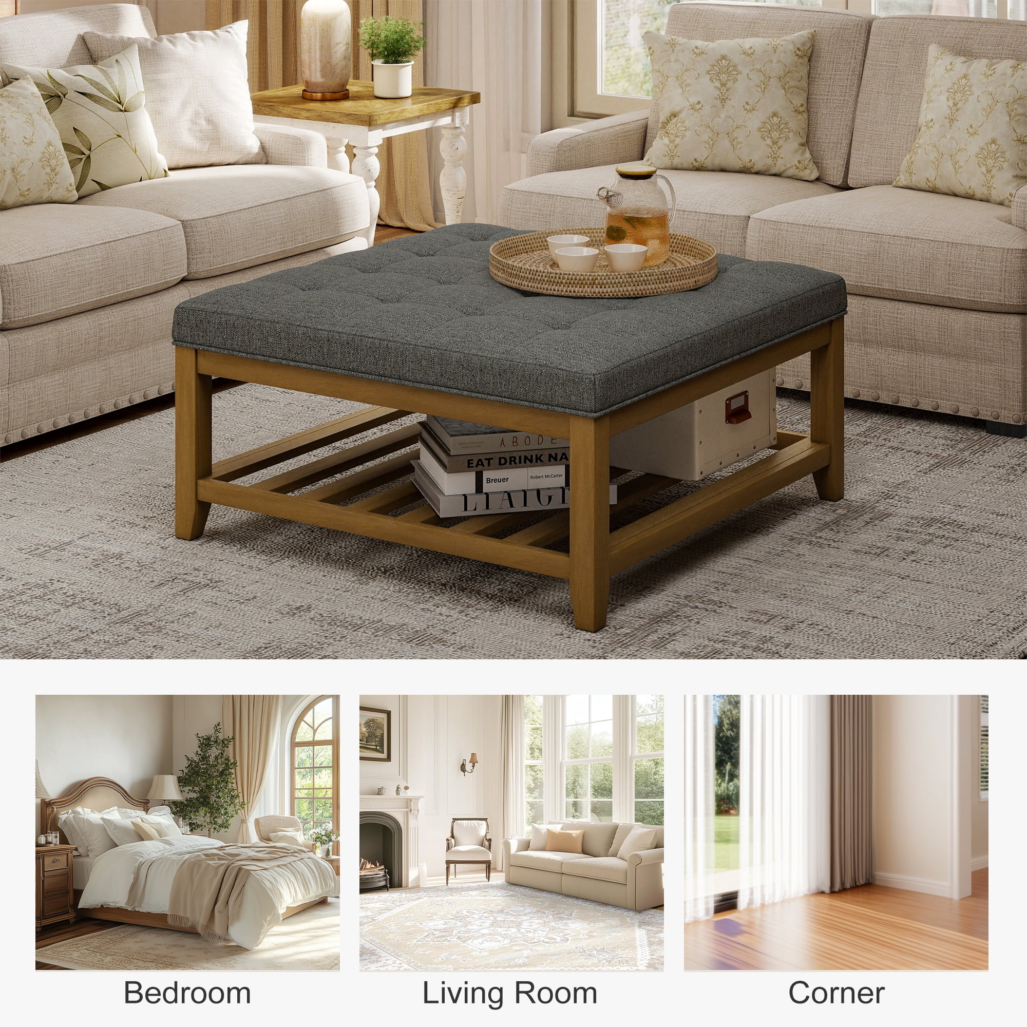 Square Upholstered Ottoman Coffee Table with Storage Shelf, Linen Fabric, Tufted Top, 31.9"x31.9", Granite