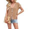 thumbnail image 2 of Women's Crochet V-Neck Short Sleeve Boho Spring Lightweights Tie Front Cardigan for Beach Summer Khaki S, 2 of 6