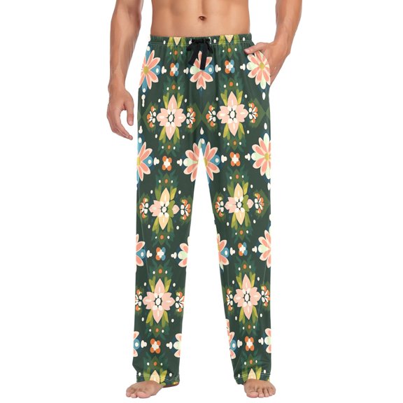 FORMRS Mens Pajama Pants with Pockets Soft Cotton Sleepwear Lounge Bottoms, Sizes S-2XL, Pink Geometric Flowers