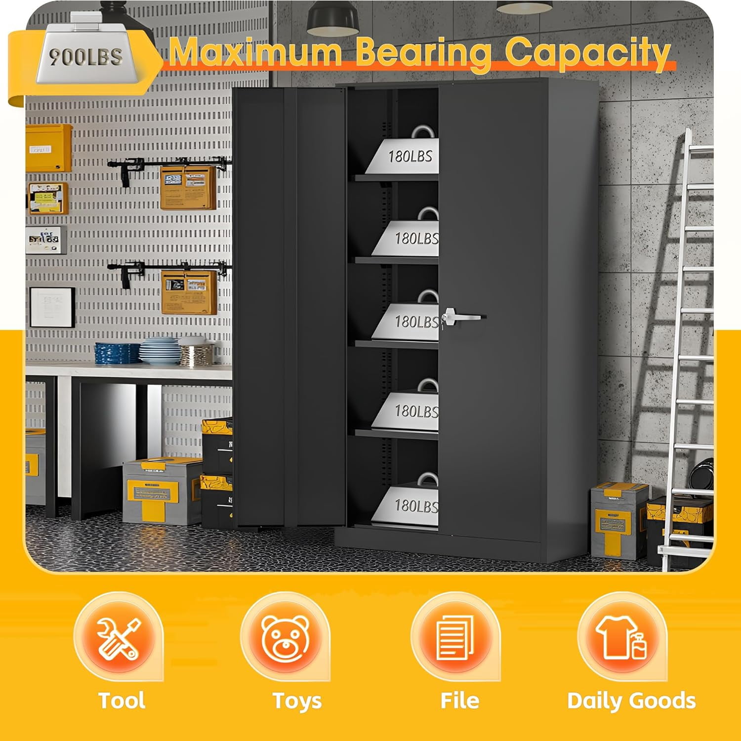 SOLAURA Metal Storage Cabinet with Locking Doors and 4 Adjustable Shelves, 71"H x 32"W x 16"D Cabinet for Office, Home, Garage, Warehouse(Black)