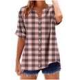thumbnail image 3 of Women's V Neck Short Sleeve Striped Checkered Summer Top Shirt Blouse Loose Fit Button Down Casual Daily Wear Vacation Beach Fashion Essential Gift for Women | CSEONE,Pink L, 3 of 9