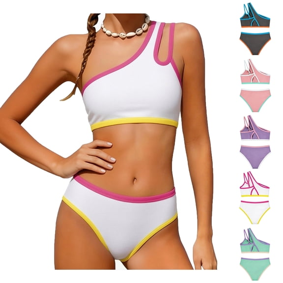 Tween Girls Swimsuit White Two Piece 1 Shoulder Bathing Suit With Chest Pad Color Block High Waisted Bikini 11-12 Years