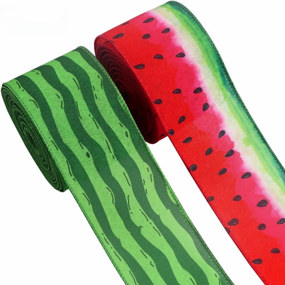 Watermelon Print Craft Ribbon 2 Rolls Summer Wired Edge Ribbon for Farmhouse DIY Wreaths Bow Decoration（Each Roll 2.48in×5yd）