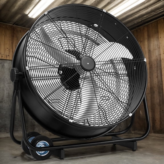 30 Inch Industrial Drum Fan, 110V 230W, High Velocity Floor Fan, 3 Speed, Heavy Duty Metal Air Circulator, Adjustable Tilt, Dual Wheels, Copper Motor, for Warehouse & Commercial Space