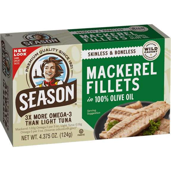 Season Mackerel in Olive Oil, Salt Added, 4.375 oz Can
