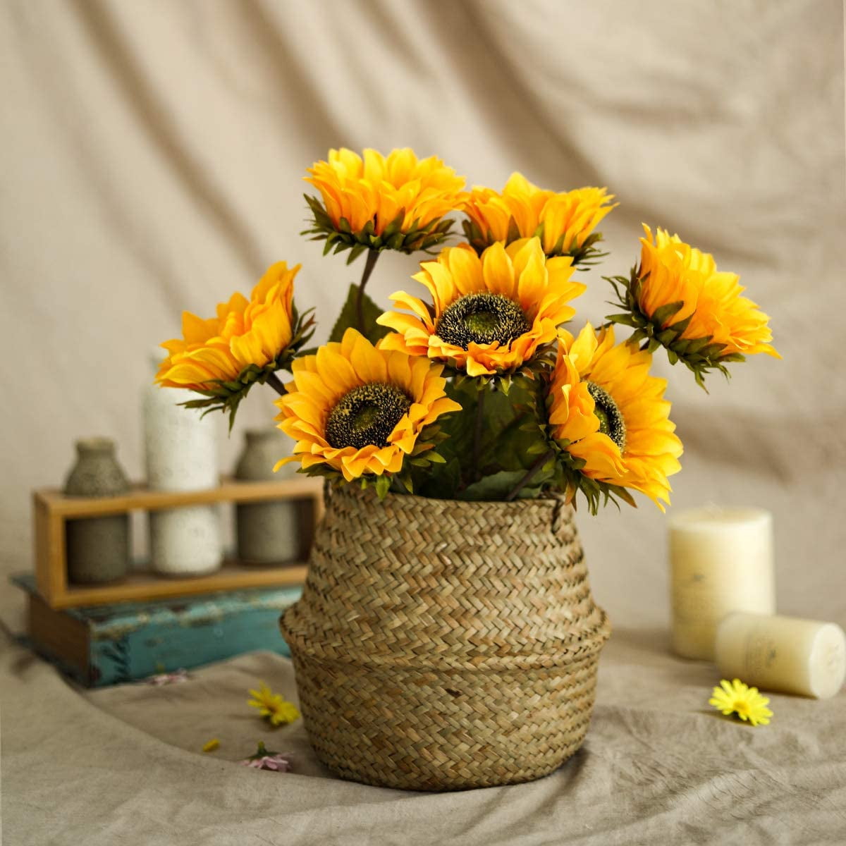 Vintage Sunflowers Artificial Flowers 7 Faux Silk Sunflowers Bouquet Fake Real Touch Long Stems Floral for Wedding Party Centerpieces Home Decoration(Gold)
