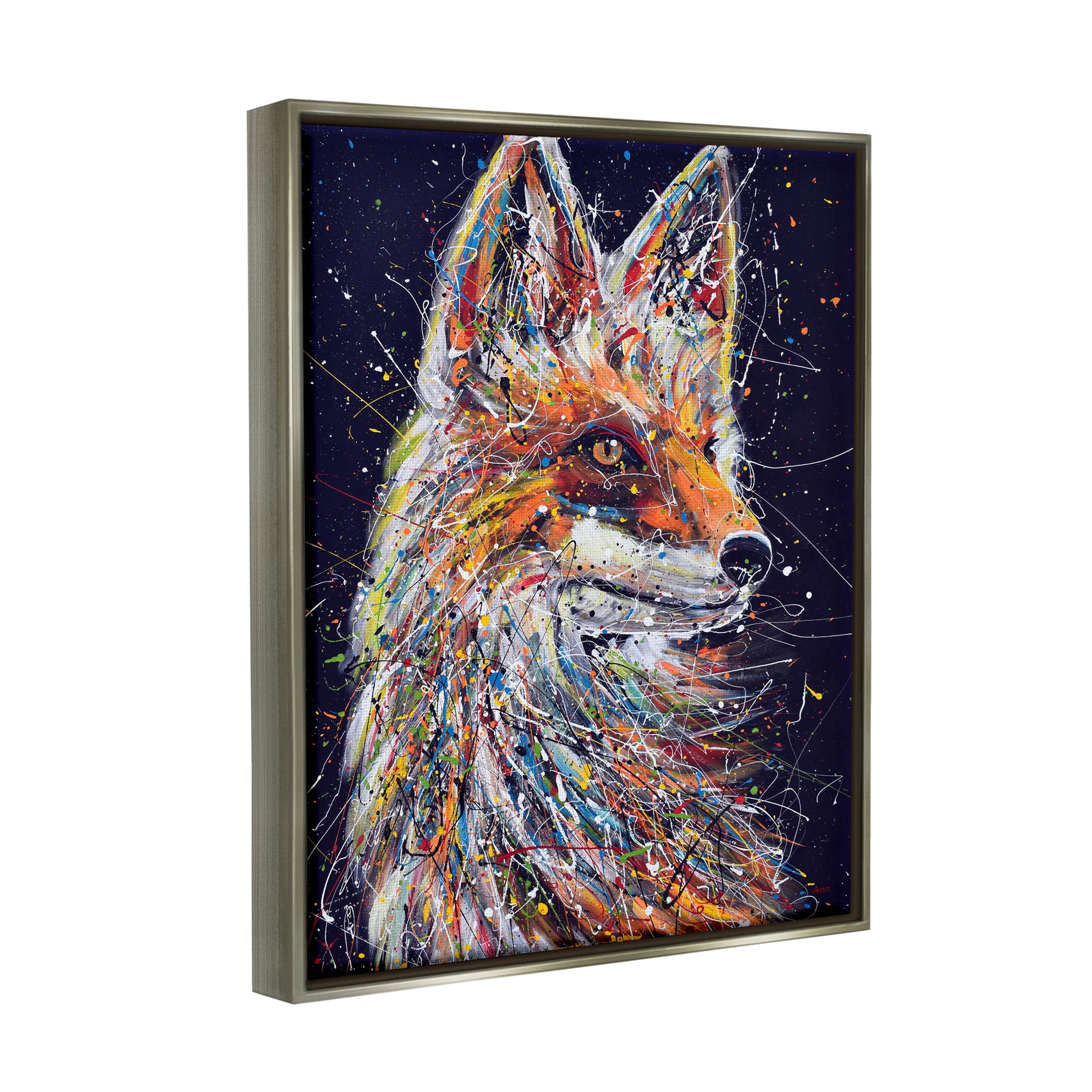 Contemporary Fox Urban Splatter Animals & Insects Painting Luster Gray Framed Art Print Wall Art