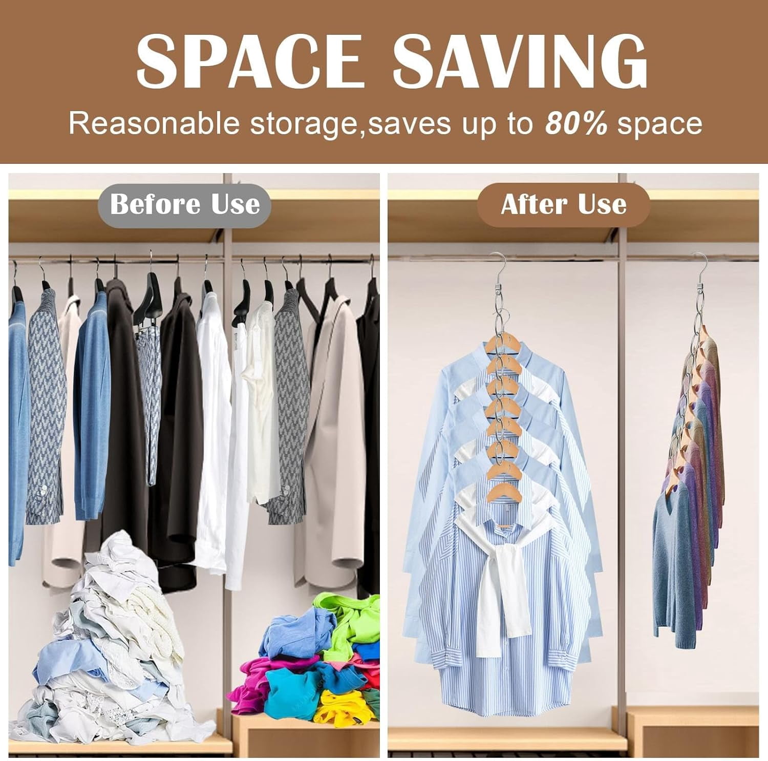 FRKSMD-80 Holes Clothing Chain Hangers, 10-Pack Metal Space Saving Hangers, 360 Degree Rotatable Hook for Easy Display and Access, Closet Organizers for Home, Travel, College Dorm Room