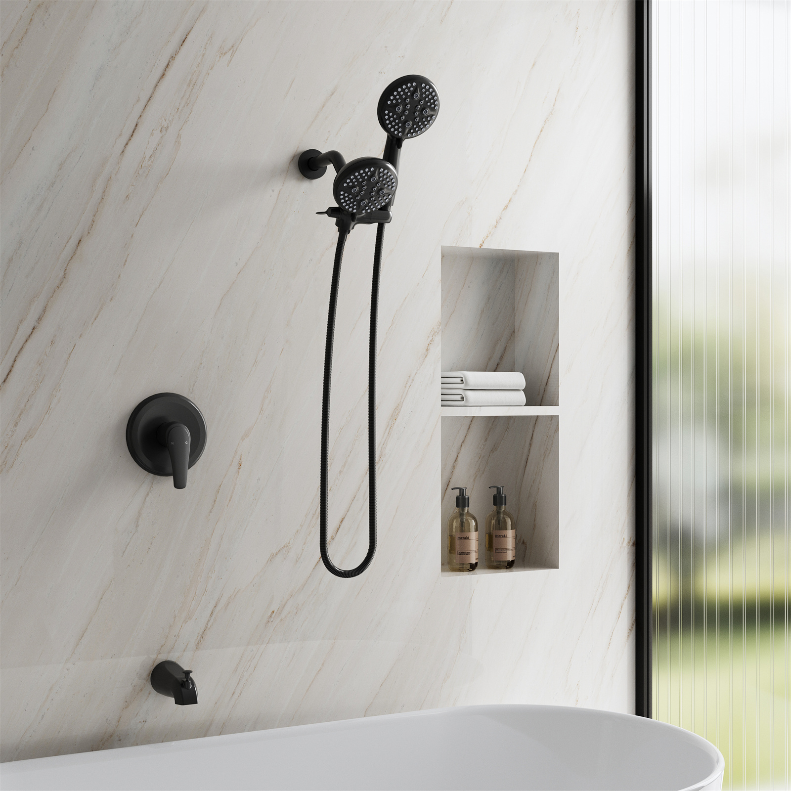 ANGELES HOME Bathtub Shower Faucet Set with Tub Spout, 3-in-1 Dual Shower Head System with Handheld Spray Combo, 5-Mode, Valve Trim Kit, Matte Black