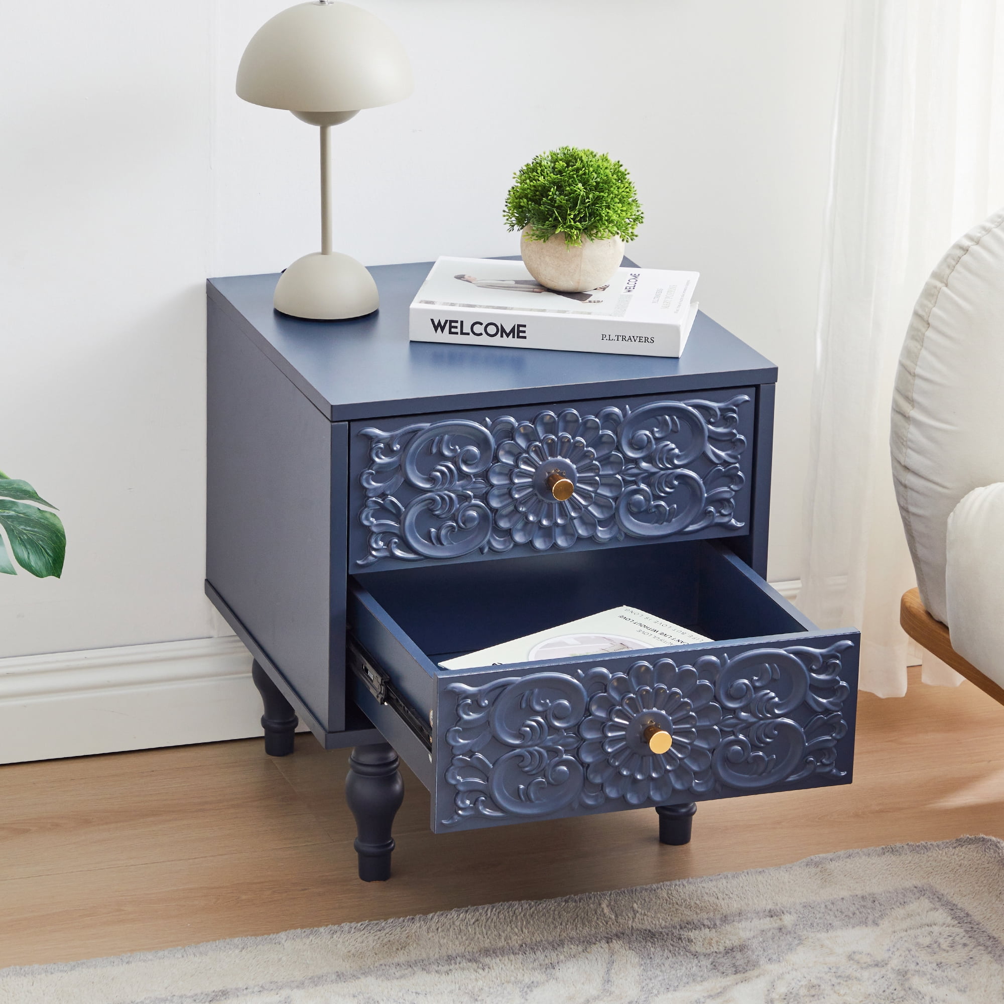Wirrytor Vintage Short Nightstand with 2 Drawers, Bedside Table 2 Drawer Dresser with Embossed Pattern, Storage End Table with Wooden Legs for Bedroom & Living Room,Blue