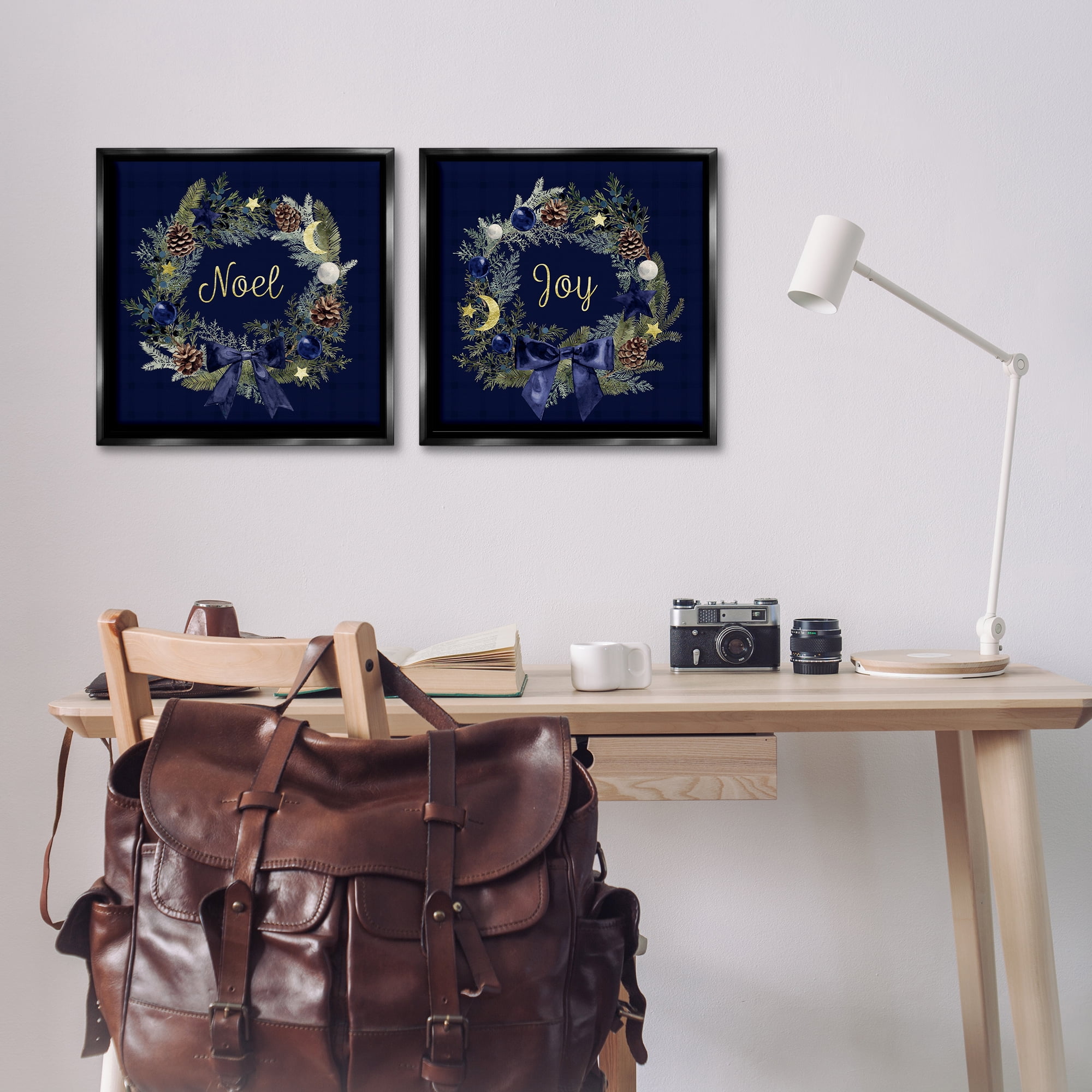 Stupell Industries Noel Joy Balsam Wreath Pinecones Holiday Painting Black Floater Framed Canvas Art Prints Wall Art, 18 x 18, Set of 2