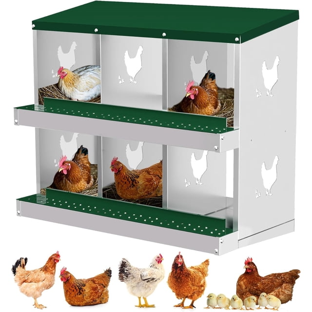 Cajas Nido para Gallinas, Caja Metálica con 6 Compartimentos, Percha, Tapa Segura, Versátil para Montaje en Pared o Independiente