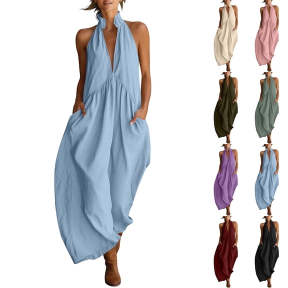 TAGOLD Womens Sleeveless V-Neck Dress Backless Pleated Pocket Maxi Dress Solid Color Summer Wear