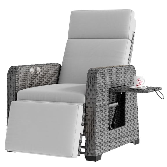 JULY'S SONG Outdoor Recliner Chair, PE Wicker Adjustable Patio Lounge Chair with Cushion and Side Table, Heavy Duty Steel Frame for Backyard, Poolside, Balcony