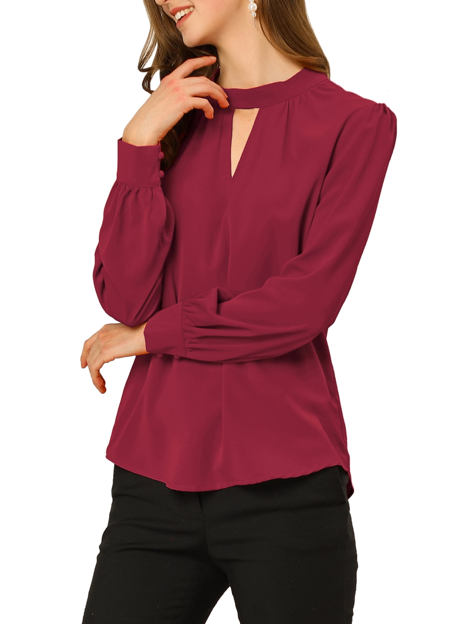 DARING DIVA Women's Stand Collar Long Sleeve Office Blouse XL Burgundy