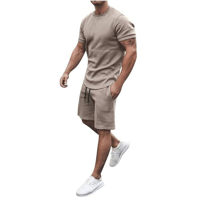 Sweatsuit for Men 2 Piece Short Set Summer Short Sleeve Sweatsuit Sets Pure Elastic Waist Shorts Set