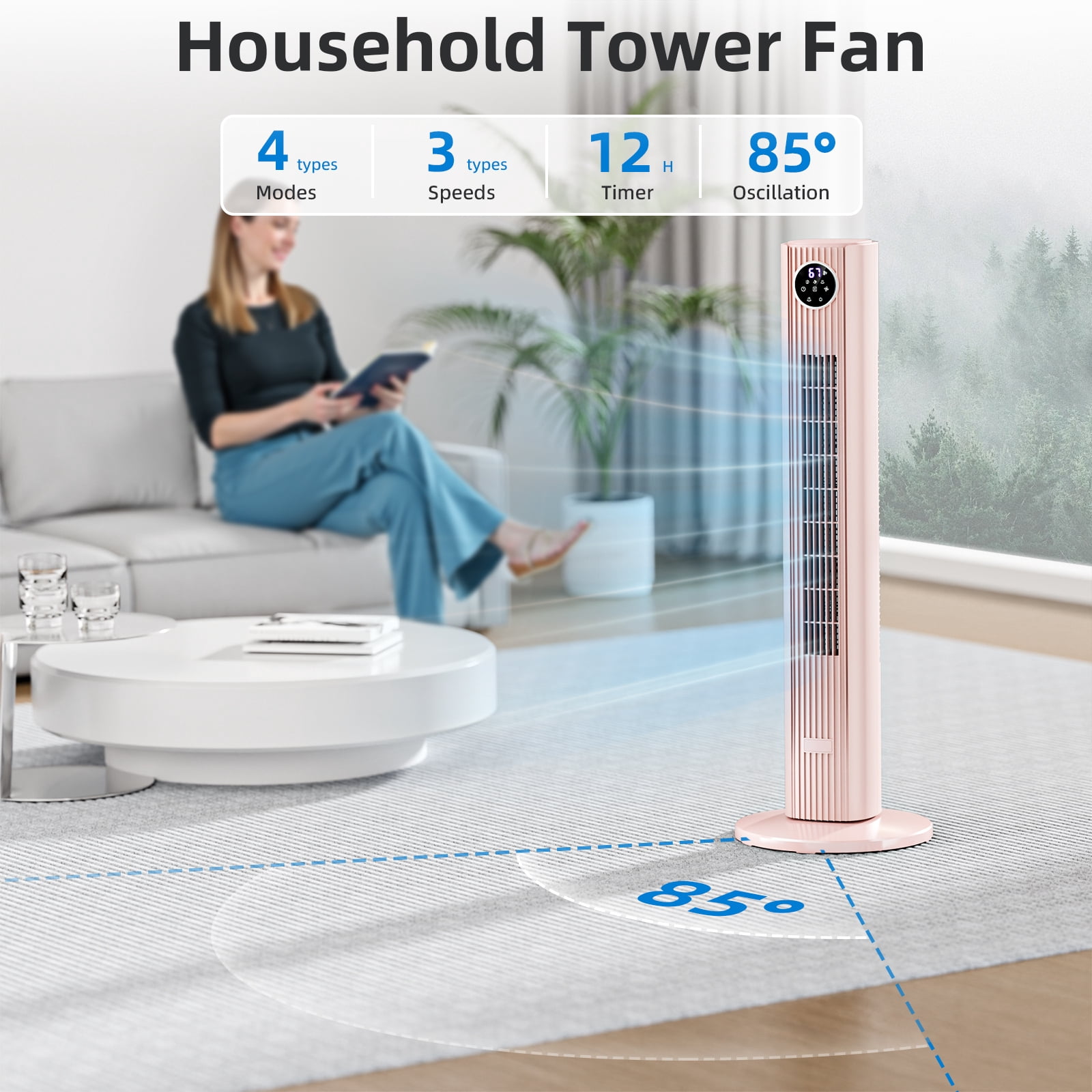 FREE VILLAGE 36 inch Tower Fan Portable Floor Fans,85°Oscillating Fan Quiet Cooling 12H Timer Remote Control Standing Bladeless Electric 3 Wind Speeds 4 Modes Bedroom Drom Office,Pink