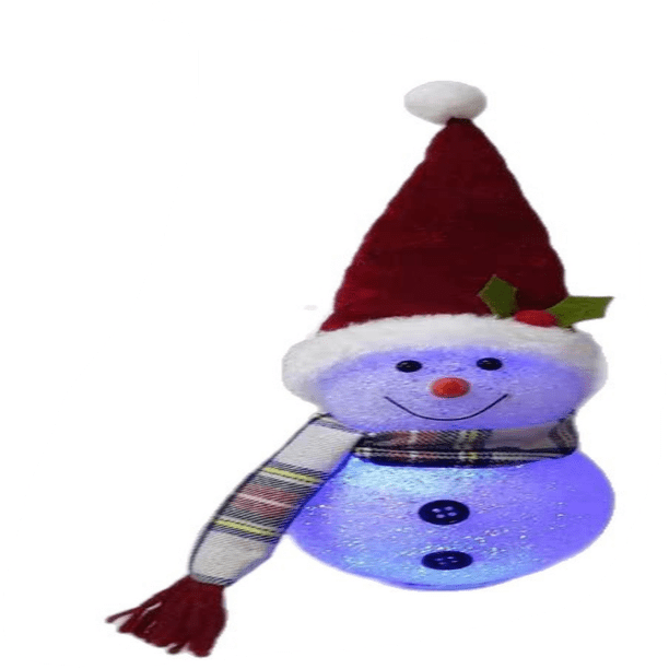 Adorno navideño de muñeco de nieve con luces, bufanda y gorro.
