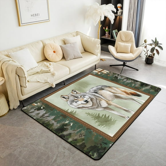 Erosebridal Wild Wolf Rugs For Bedroom 6'6" x 4'11", Hunting Theme Living Room Decor, Brown Grid Room Decorative