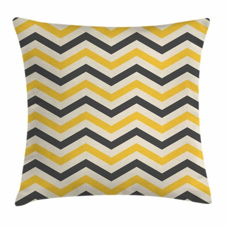 Large Yellow Cushions Yellow Chevron Throw Pillow Cushion Cover, Large Zigzags in Retro Design Geometrical Horizontal Tile, Decorative Square Accent Pillow Case, 16 X 16 Inches, Charcoal Grey Yellow Cream, by Ambesonne ()