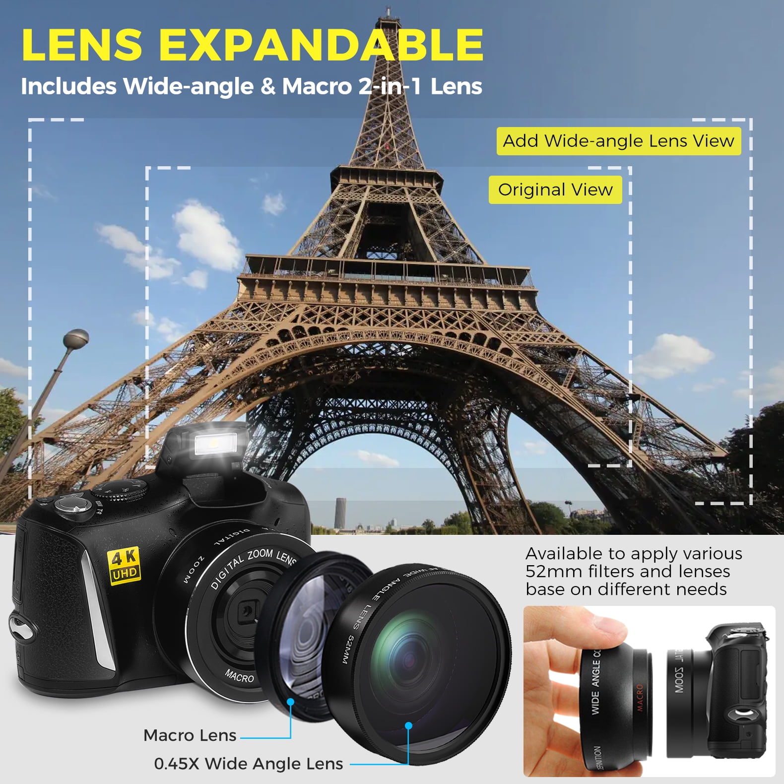Digital Camera with Macro & Wide Angle Lens 48MP 4K Autofocus Vlogging Camera for Photography 3.0 Inch Screen Compact Camera for Beginners Teens with Rechargeable Battery