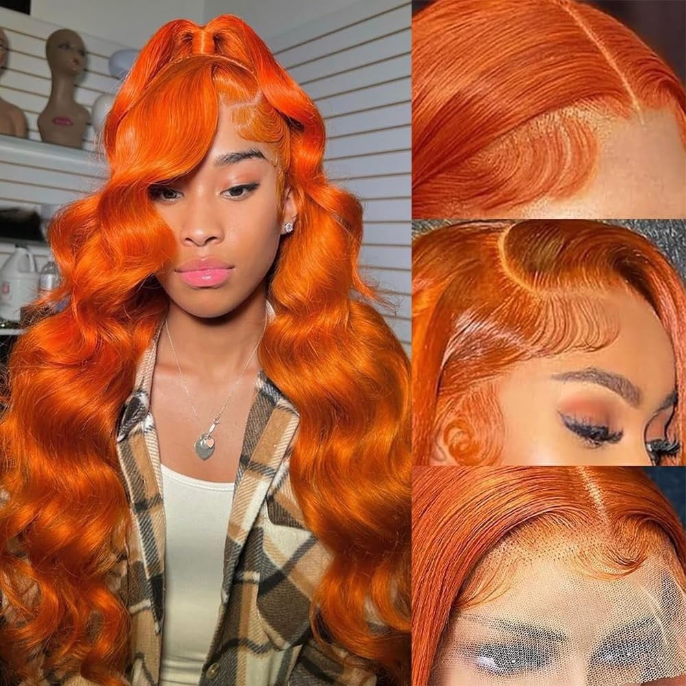 13x4 Ginger Body Wave Human Hair 200 Density HD Transparent Lace Frontal Wigs Pre Plucked for Women