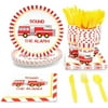 144 Pieces Firefighter Party Decorations, Disposable Dinnerware Set with Firetruck Paper Plates, Red Truck Napkins, Cups, Cutlery (Serves 24)
