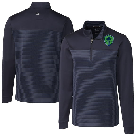 Men's-Cutter & Buck Navy Seattle Sounders FC Traverse Stretch Eco Stripe Tri-Blend Quarter-Zip Top