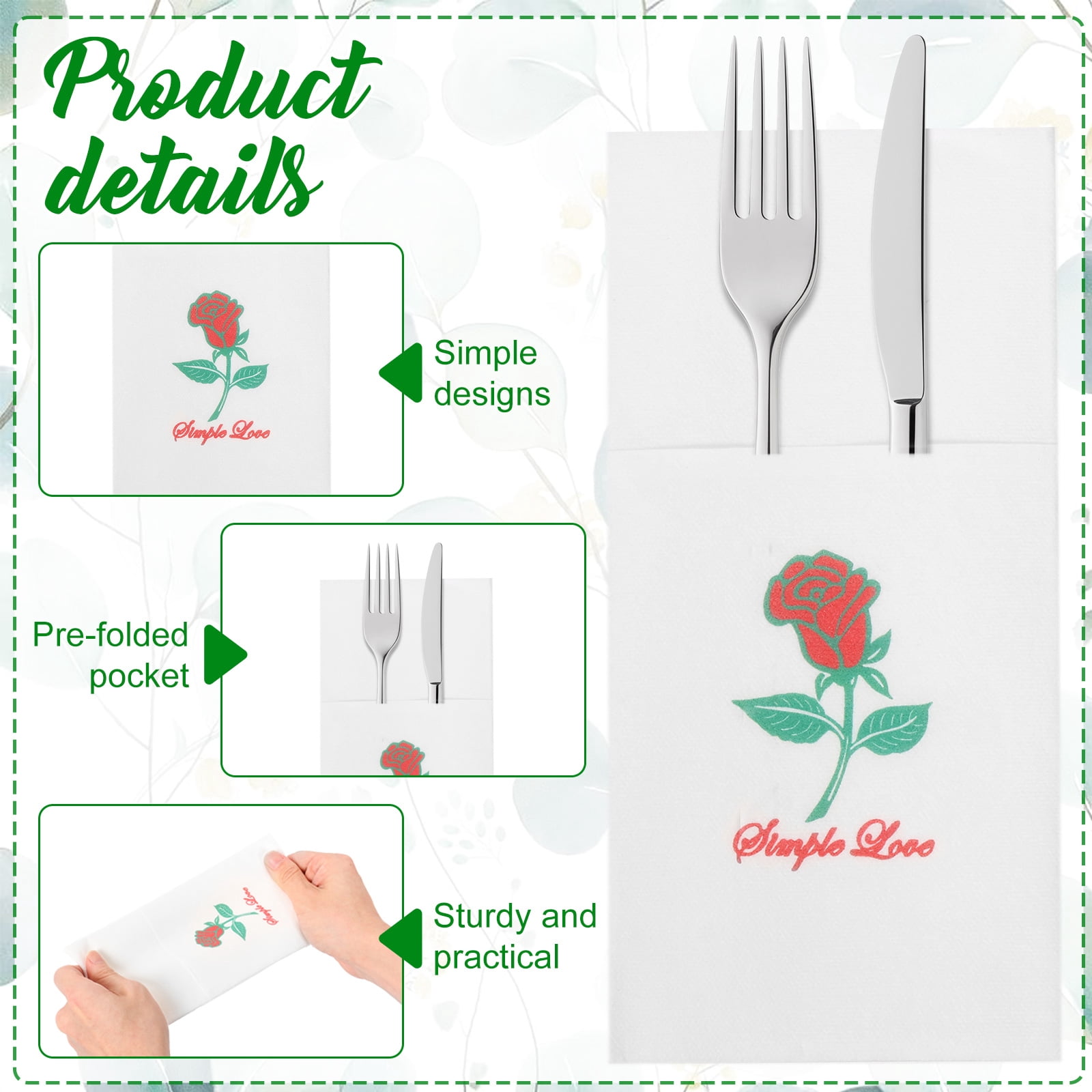 Atopoler 50Pcs Flower Pattern Paper Napkins,Safe Multipurpose Linen Feel Napkins with Flatware Pocket for Wedding Baby Shower Birthday Party,Style 2