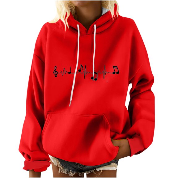 Risckoth Women's Hooded Sweatshirt, Music Note Heartbeat Print Long Sleeve Casual Pullover with Kangaroo Pocket S-2XL