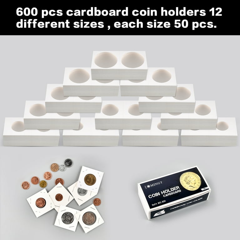 Fuase 600pcs Coin Holders Cardboard Coins Flips 2x2, 12 Size Coin Collection Supplies Album Display Sleeves Book for Dollars, Penny, Quarter, Nickels