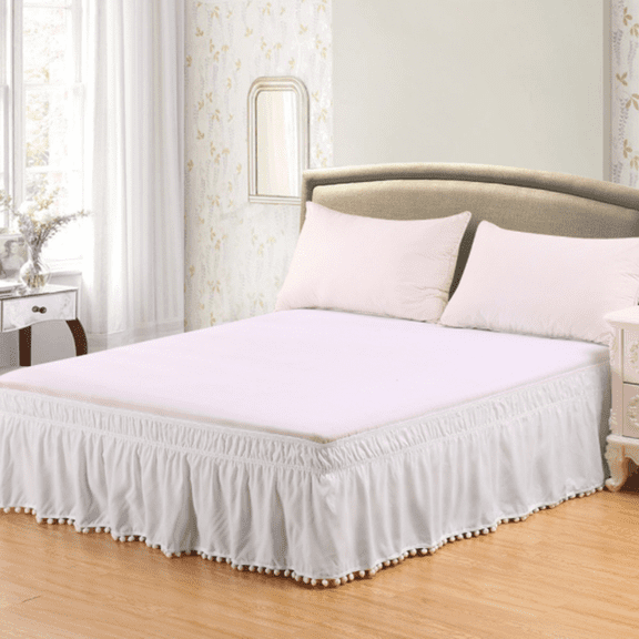 Pom Pom Bed Skirt with Adjustable Elastic Belt, Easy Wrap Around Dust Ruffles with 15 Inch Tailored Drop White King(78"X80")