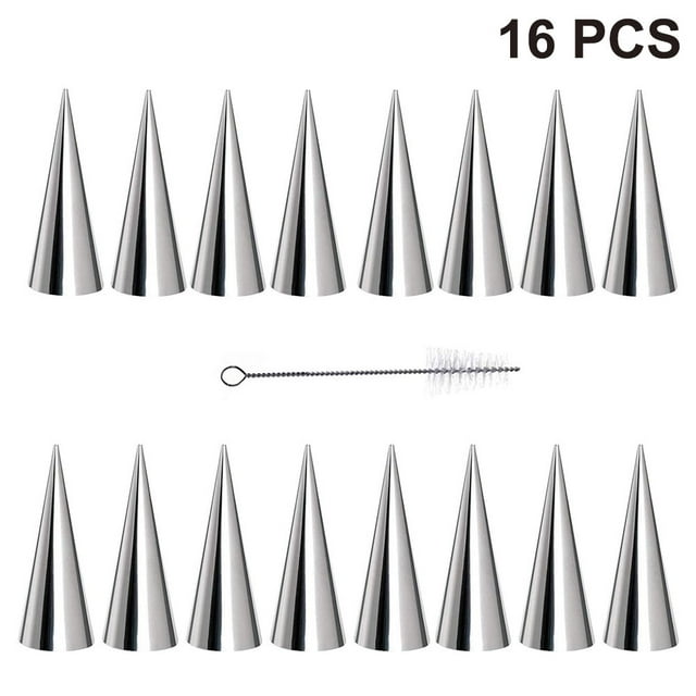 Paquete de 16 moldes para helado en forma de cuerno, conos para hornear de 5,5 pulgadas, moldes para helado en forma de cuerno de crema, tubos de acero inoxidable con 1 cepillo de limpieza