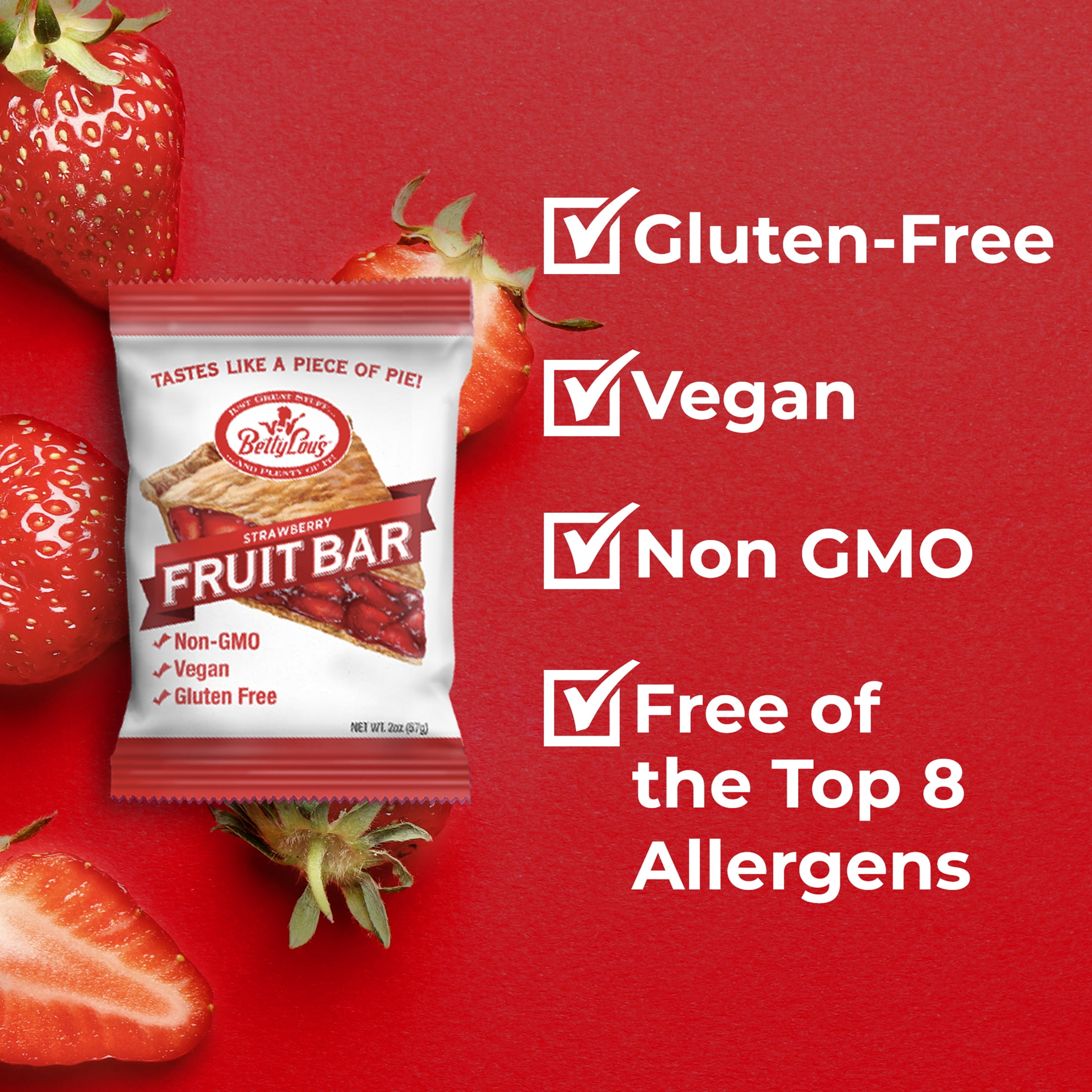 Betty Lou's Strawberry Fruit Bars, Vegan, Gluten Free Snacks 12 Count