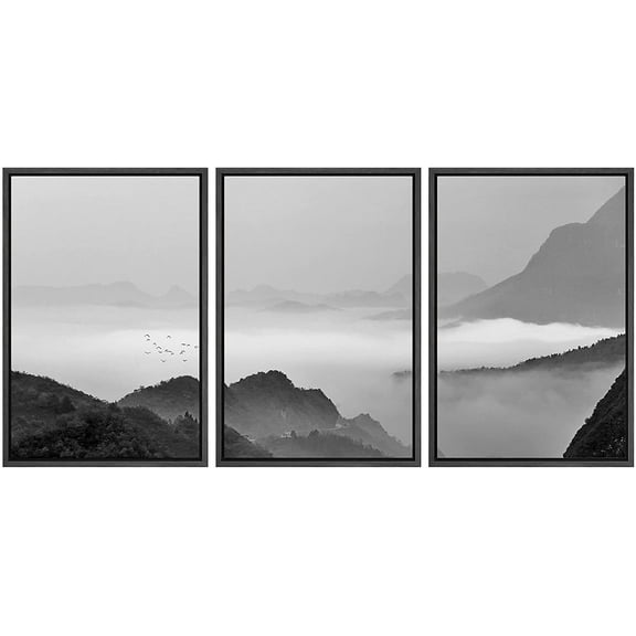 wall26 3 Panel Framed Canvass Wall Art - Landscape of Mountains in The Mist in Black and White - Giclee Print Gallery Wrap Modern Home Art Ready to Hang - 16"x24"x3 Black