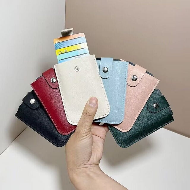 El tarjetero extraíble engrosado puede almacenar varias tarjetas. Tarjetero laminado de PU. Tarjetero de cuero con cierre a presión.