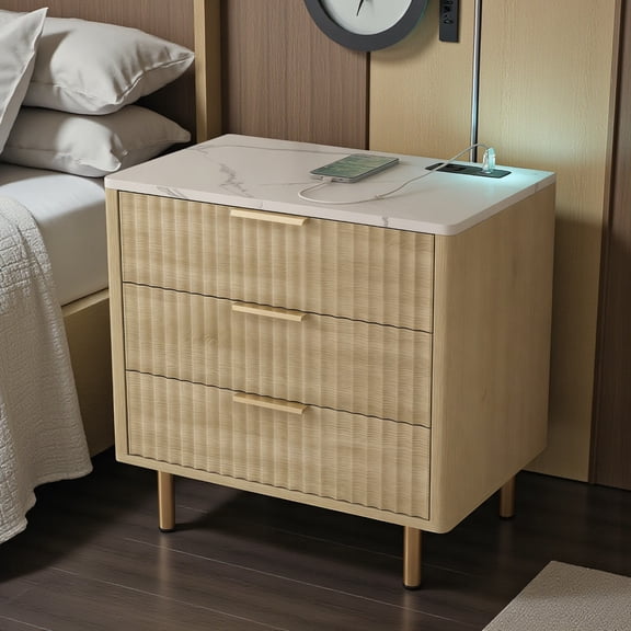 GZXS Modern Fluted Nightstand with 3 Drawers, USB & AC Charging Station, Voice-Controlled Night Light, Bedside End Table for Bedroom, Light Wood with White Faux Marbling Texture Top