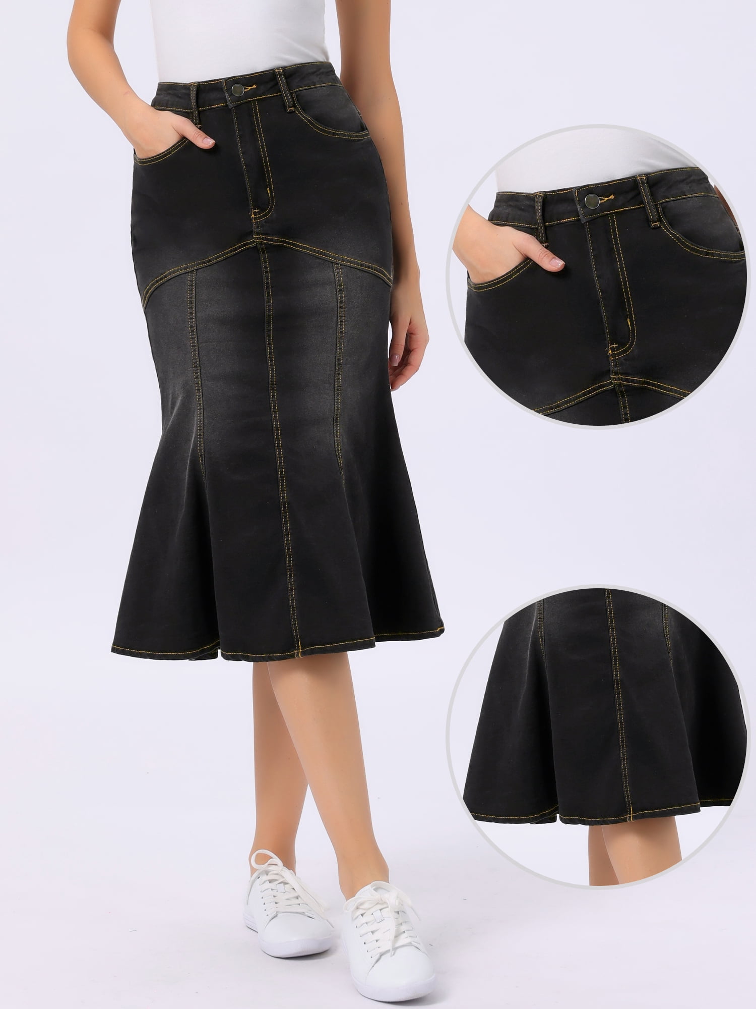 DARING DIVA Fishtail Denim Skirt Women's Washed Midi Jean Bodycon Skirt M Black