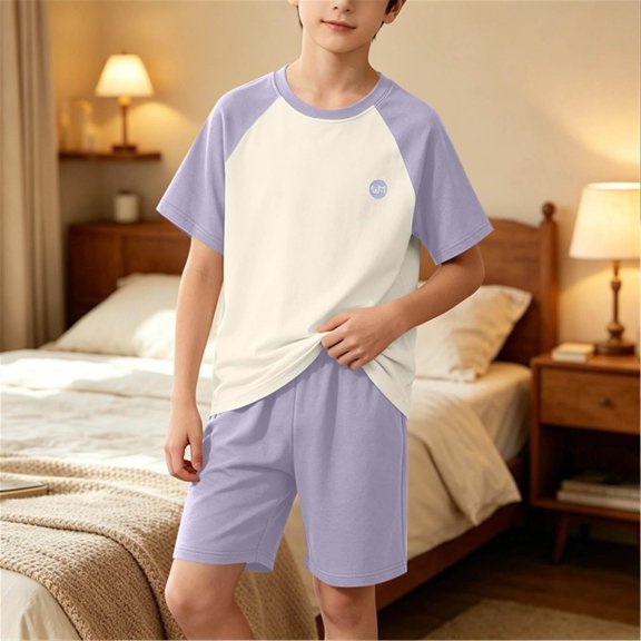 Amidoa Boys 2 Piece Outfits Summer Clothes Cute Printed T Shirt Graphic Short Sleeves Casual Shorts Kids Clothing Sets Purple Size 5T