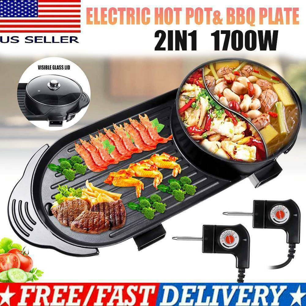 US 2 in 1 Hot Pot Grill BBQ Electric Grill Hot Pot Smokeless Barbecue Machine 